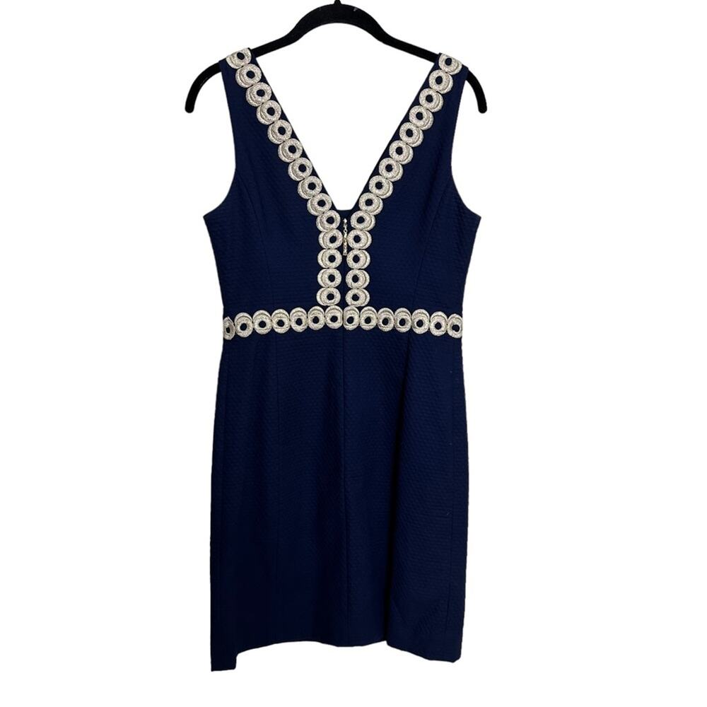 Lilly Pulitzer Mini Dress Gold Embroidered Trim Navy Blue Textured Cotton 0 - Picture 8 of 10